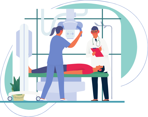 Ilustração de paciente deitado em cama de quarto hospitalar com enfermeira e médico ao lado